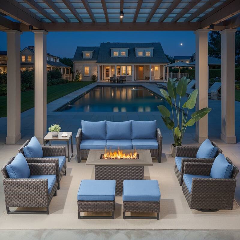 Outdoor Sofa 4 Chairs Ottomans with Fire Table - Brown - Blue
