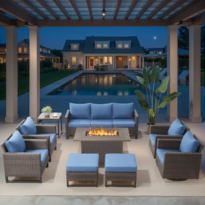Outdoor Swivel Chairs Sofa Set with Fire Pit Table - Blue cushion - Brown