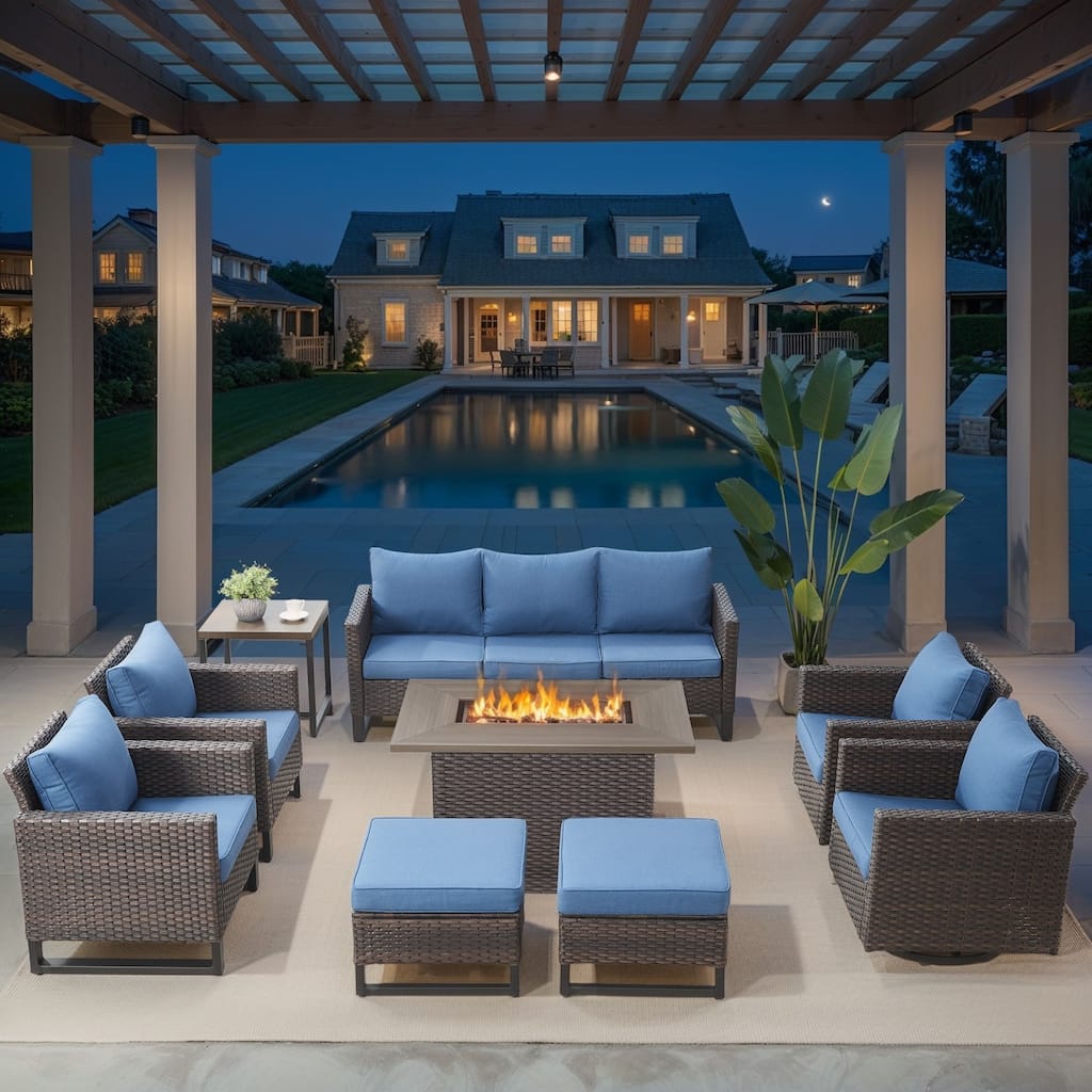 Outdoor Swivel Chairs Sofa Set with Fire Pit Table - Blue cushion - Brown