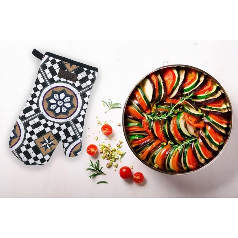 Chef's Artistic Cotton Oven Mitt - Heat Resistant 11x7 Inch - Intricate Mosaic Pattern for Elegant Kitchens - 11"L x 7"W x 1"H