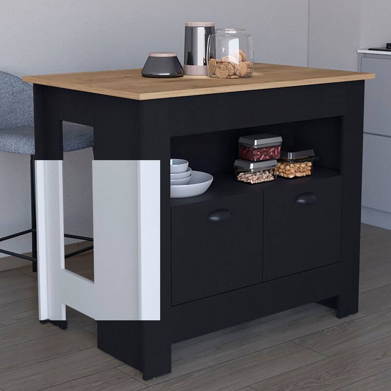 "Modern White Kitchen Island with 2 Doors, 3 Shelves for Organized Storage, Ideal for Cookware" - Black