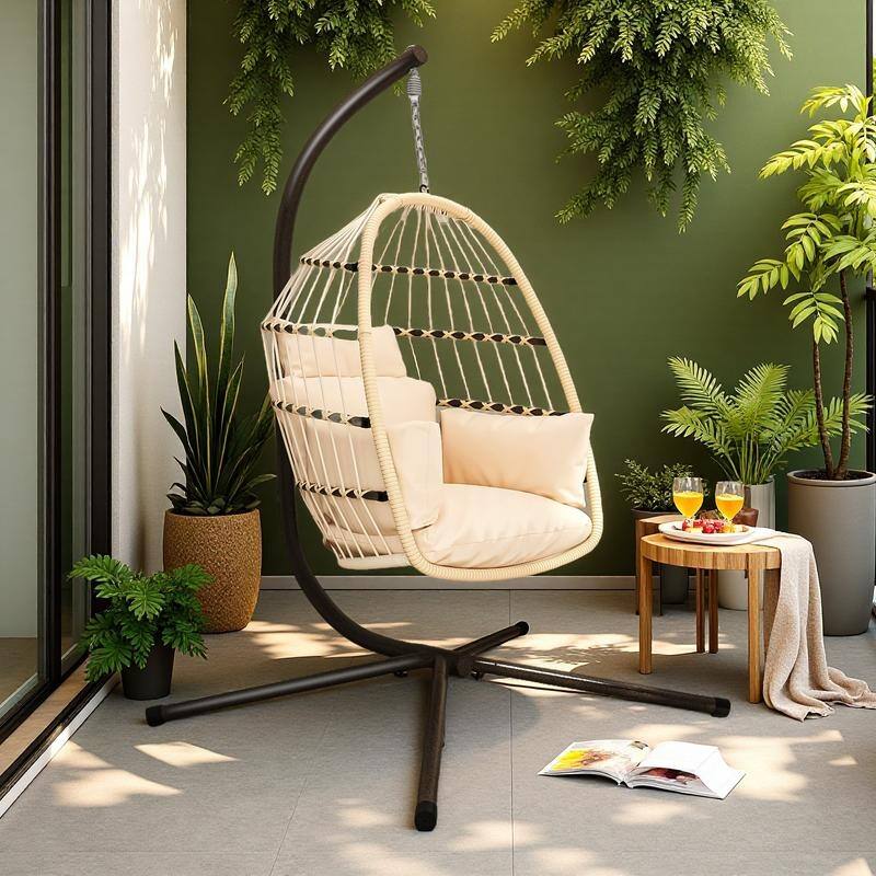 Steel Foldable Hanging Swing Chair with Stand - Indoor/Outdoor Patio Seat and Puffy Cushion