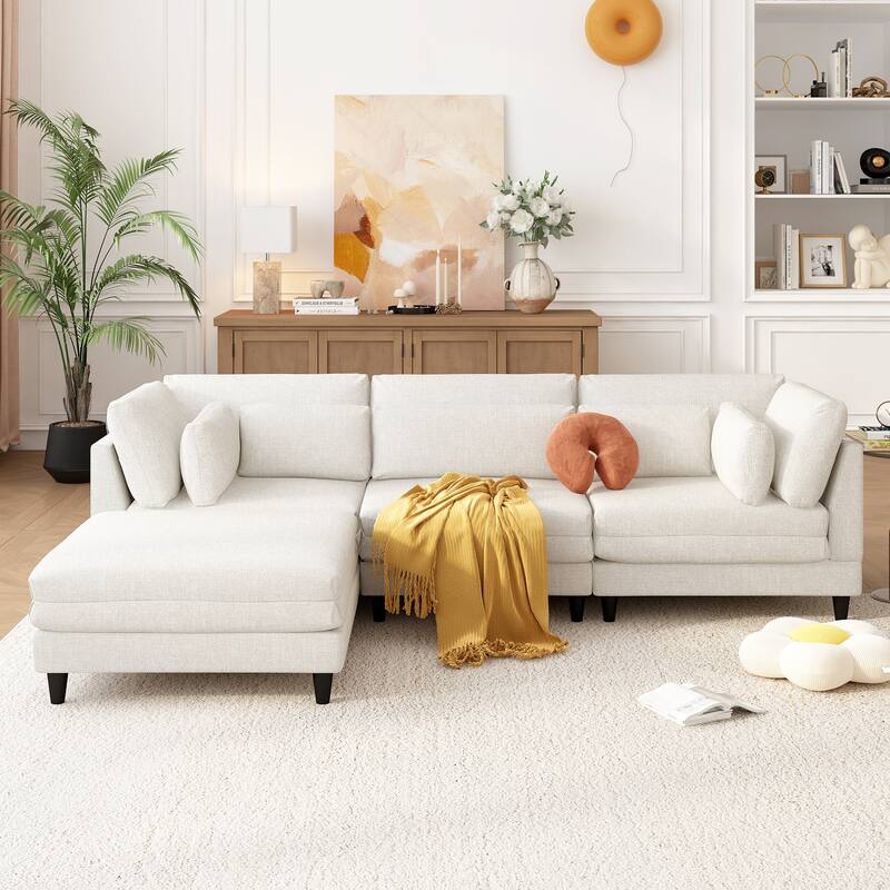 Modern Sectional Sofa with Piping Stitch Detail and Removable Ottoman and 5 pillows for Living Room or Guest Room - Beige