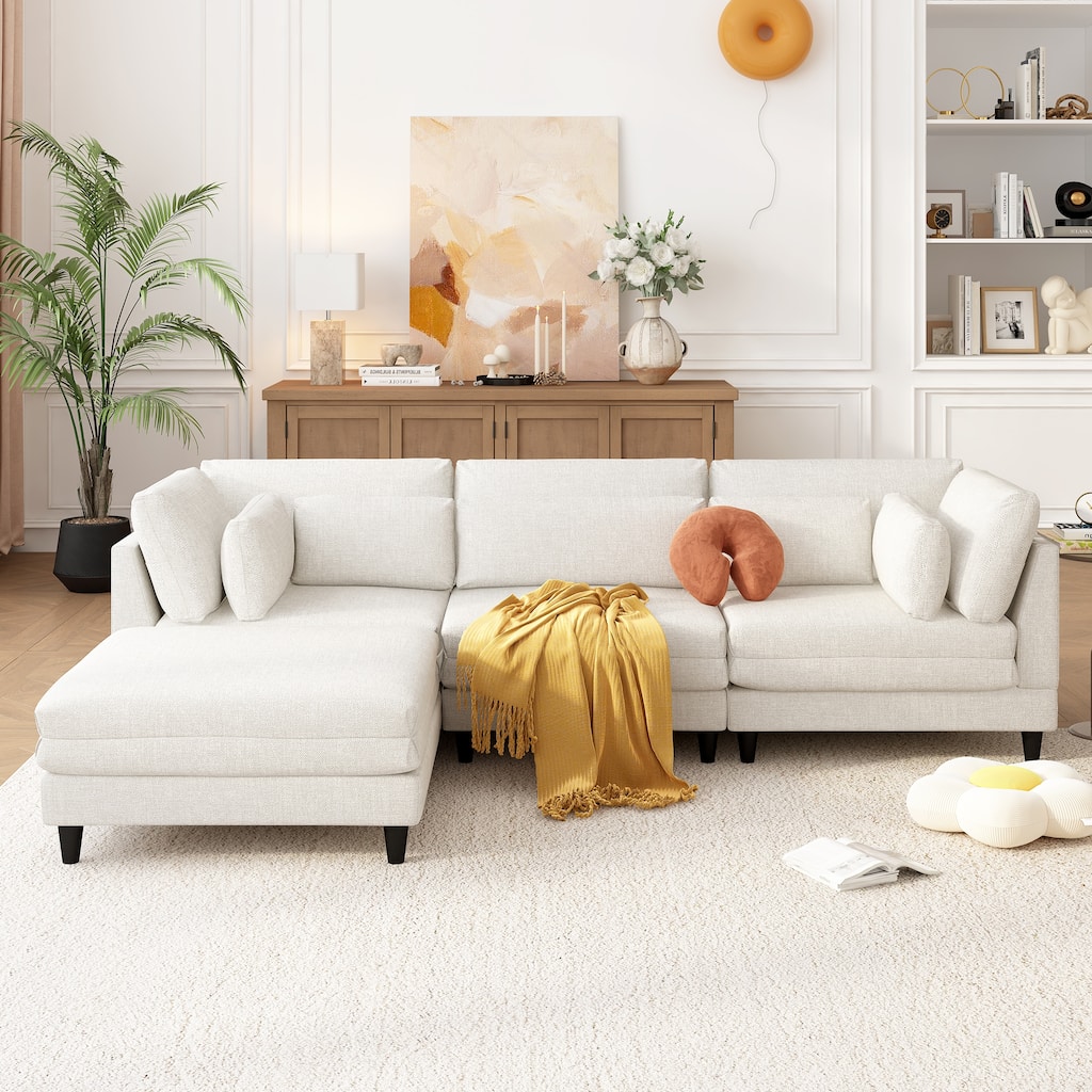 Modern Sectional Sofa with Piping Stitch Detail and Removable Ottoman and 5 pillows for Living Room or Guest Room