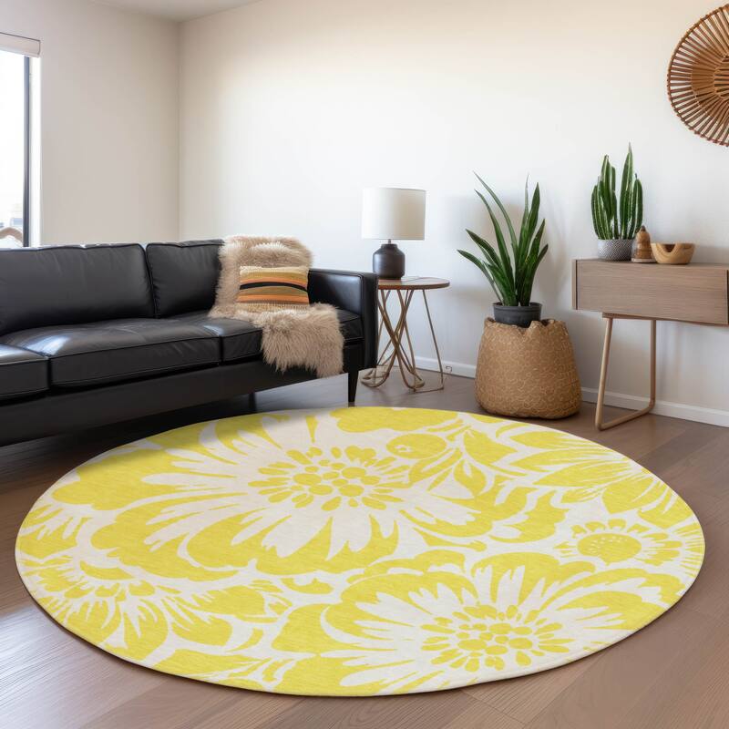 Premium Washable Super Soft Modern Floral Mayfield Rug - Yellow - 8' x 8' - Round
