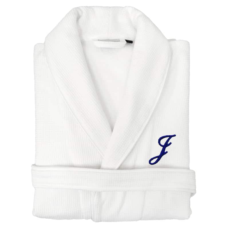 Authentic Hotel and Spa Unisex Navy Blue Monogrammed Turkish Cotton Waffle Weave Terry Bath Robe - J - S/M