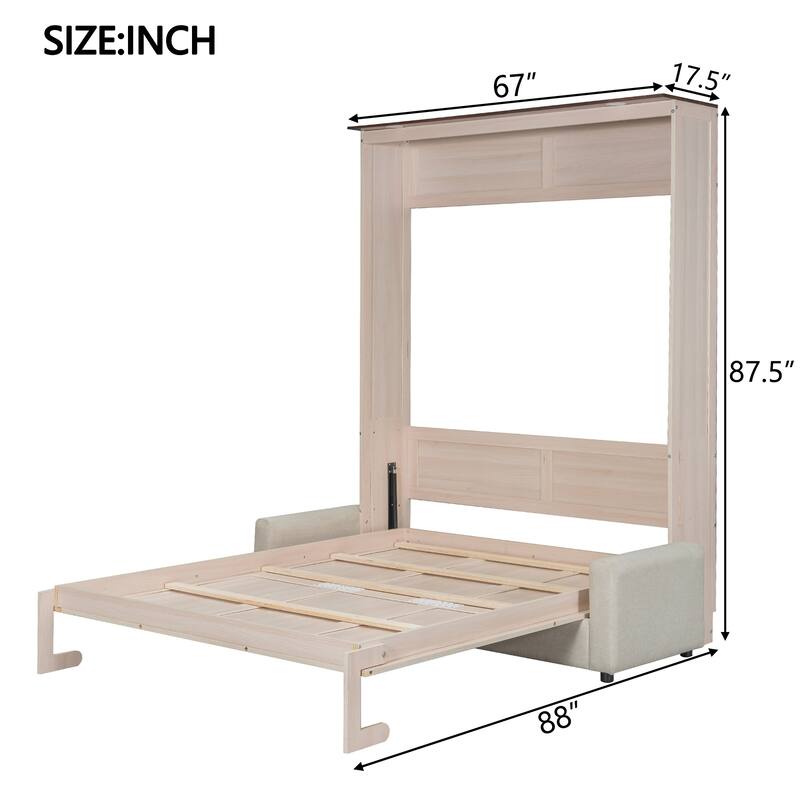 Queen Size Murphy Bed with Upholstered Sofa and Top LED, Beige, Space Saving Foldable Platform Bed Frame