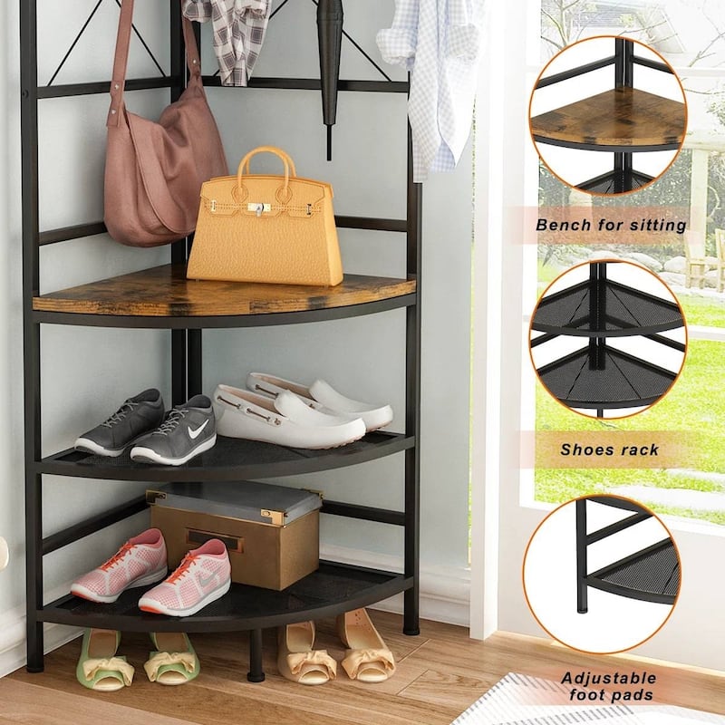Industrial Metal and Wood Corner Hall Tree with Shoe Storage Bench Hooks and Shelves Rustic Brown - 72'' H X 17.7'' W X 17.7'' D