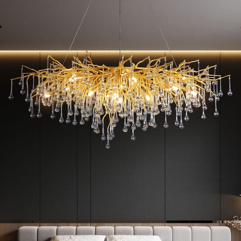 KAYLA 47" 13-Lights Gold Luxury Crystal Linear Chandelier, Modern Tree Branch Chandelier - N/A