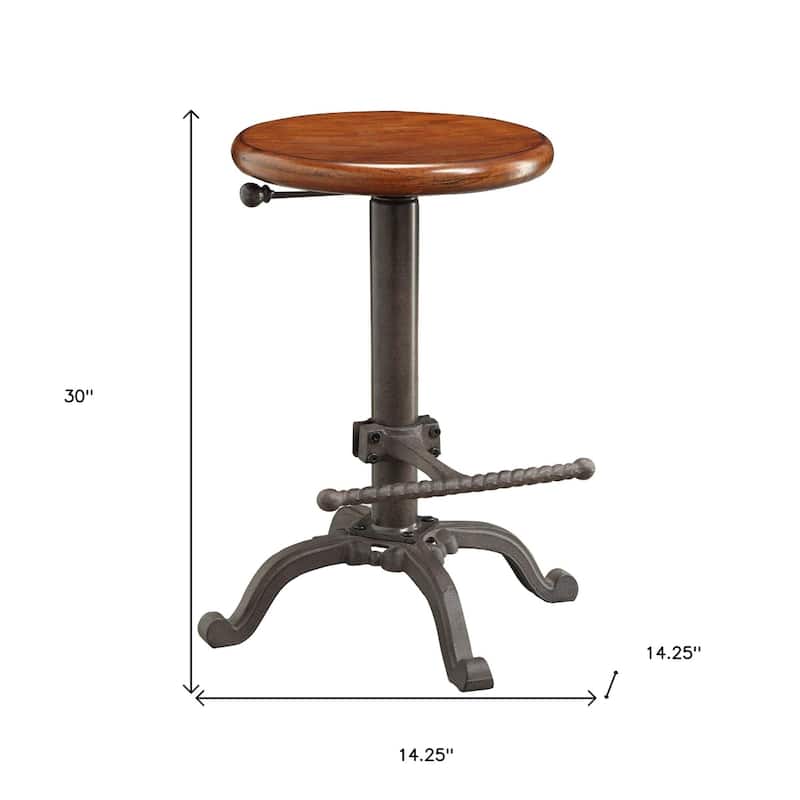 30" Adjustable Height Chestnut Wood Seat Swivel Bar Stool with Grey Steel Frame and Backless Design - 30"H x 14.25"W x 14.25"D