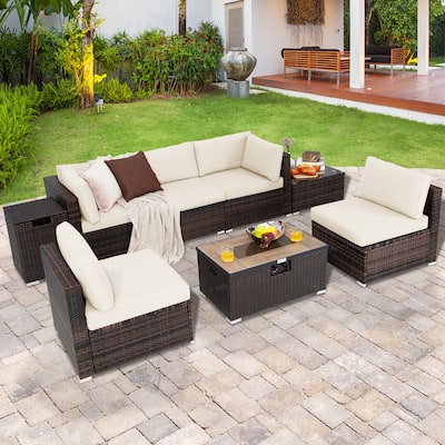 8PCS Patio Rattan Furniture Set Fire Pit Table Tank Holder Cover Deck