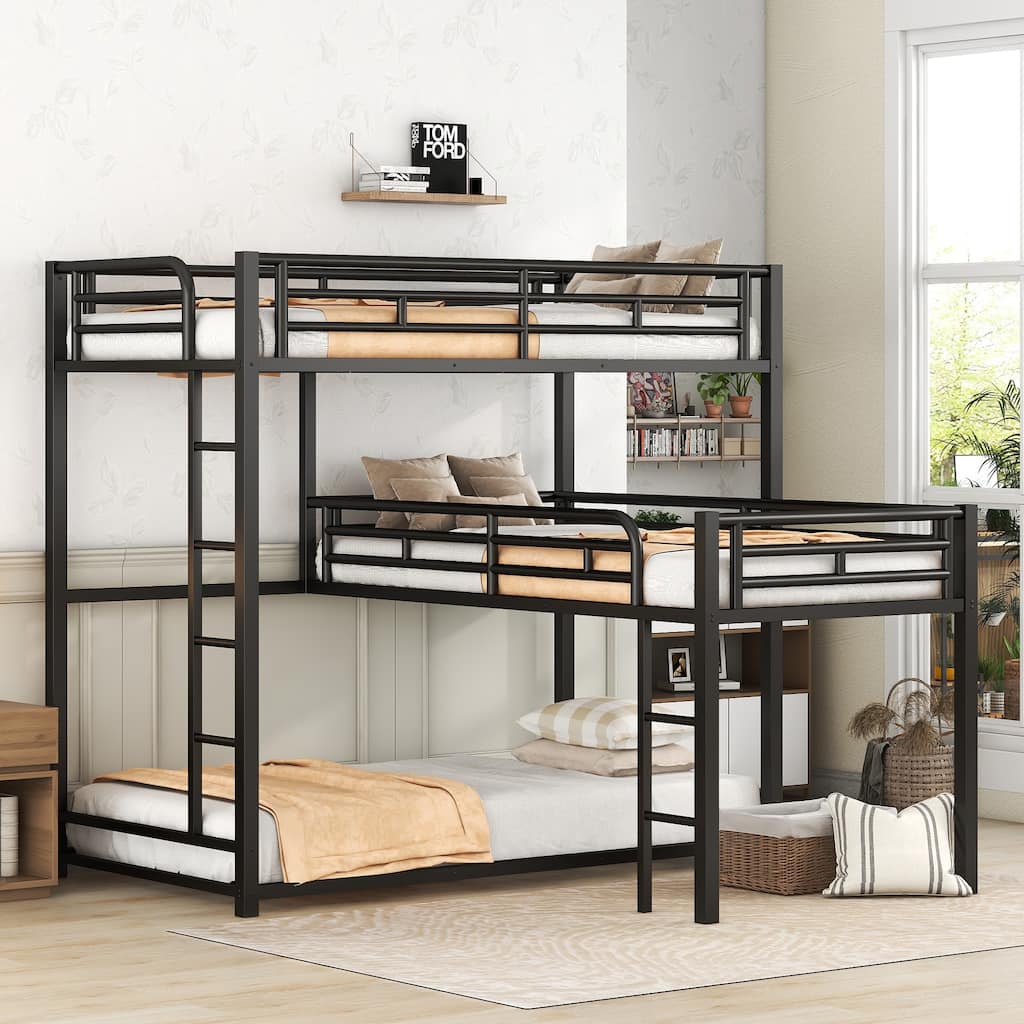 L-shaped Metal Triple Bunk Bed with Guardrails & Ladder, Black
