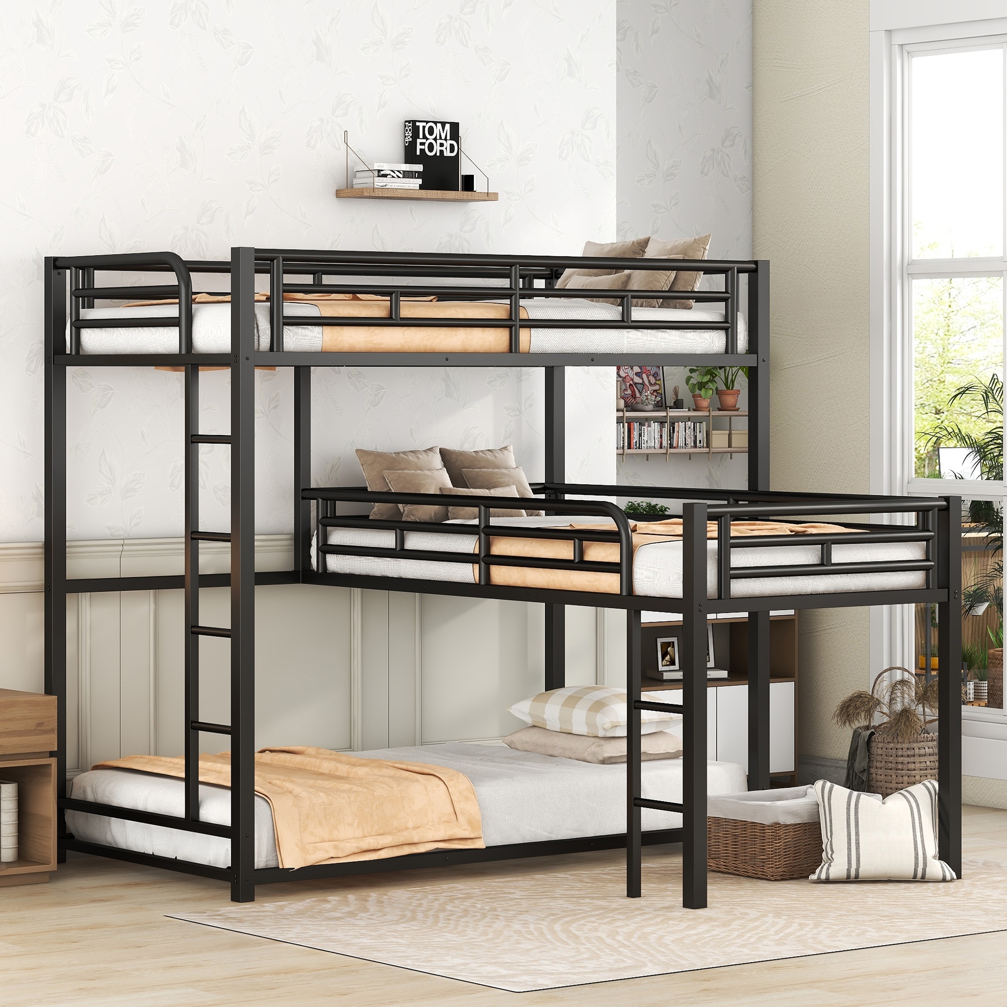 Roomfitters L-Shaped Metal Triple Twin Bunk Bed with Desk and Shelf, Black