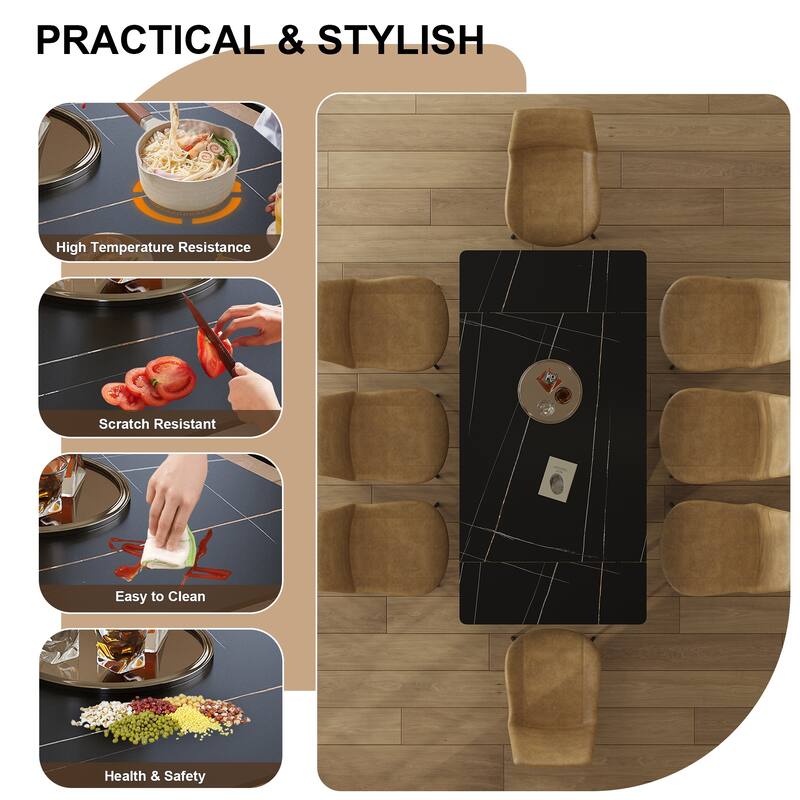 Retractable Sintered Stone Dining Table Set,steel table legs and a cross-leg structure at the bottom(Table + 8 Chairs)