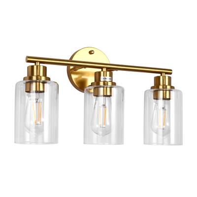 3-Light Gold Cylinder Modern Bathroom Vanity Light with Clear Glass Shade,Wall Lamp for Mirror Kitchen Bedroom - 15.7