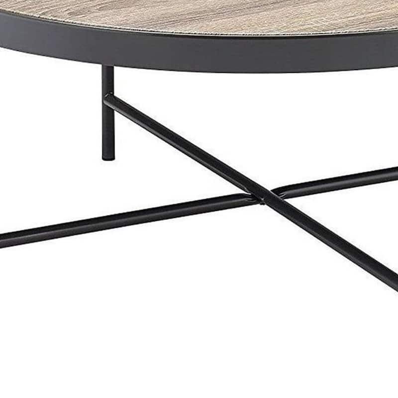 Round Coffee Table with Brown Wood Top and Black Iron Base 32-Inch - 32” x 32” x 15.75”