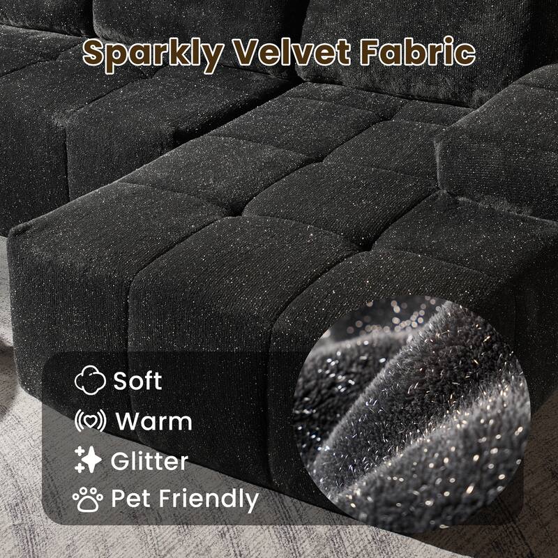 HOOOWOOO Modern Sparkly Velvet Fabric Chaise Sofa Couch with Ottoman