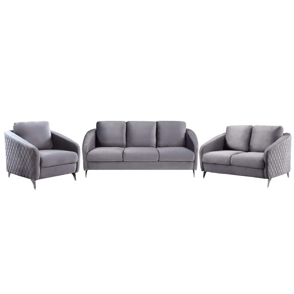 Hida 3 Piece Sofa, Loveseat, and Chair Set, Diamond Stitching, Gray Velvet