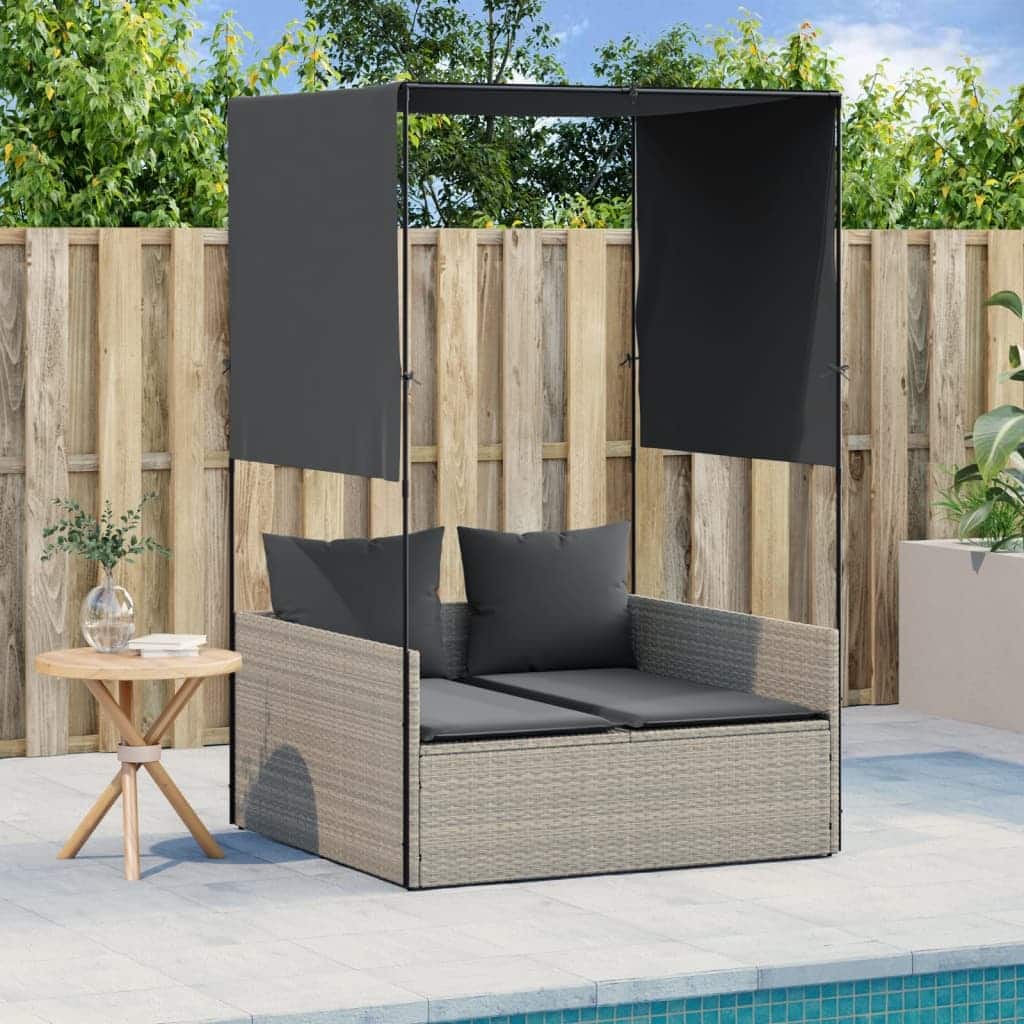 vidaXL Double Sun Lounger with Roof and Curtains Daybed Furniture Poly Rattan - 43.3 x 46.5 x 73.6