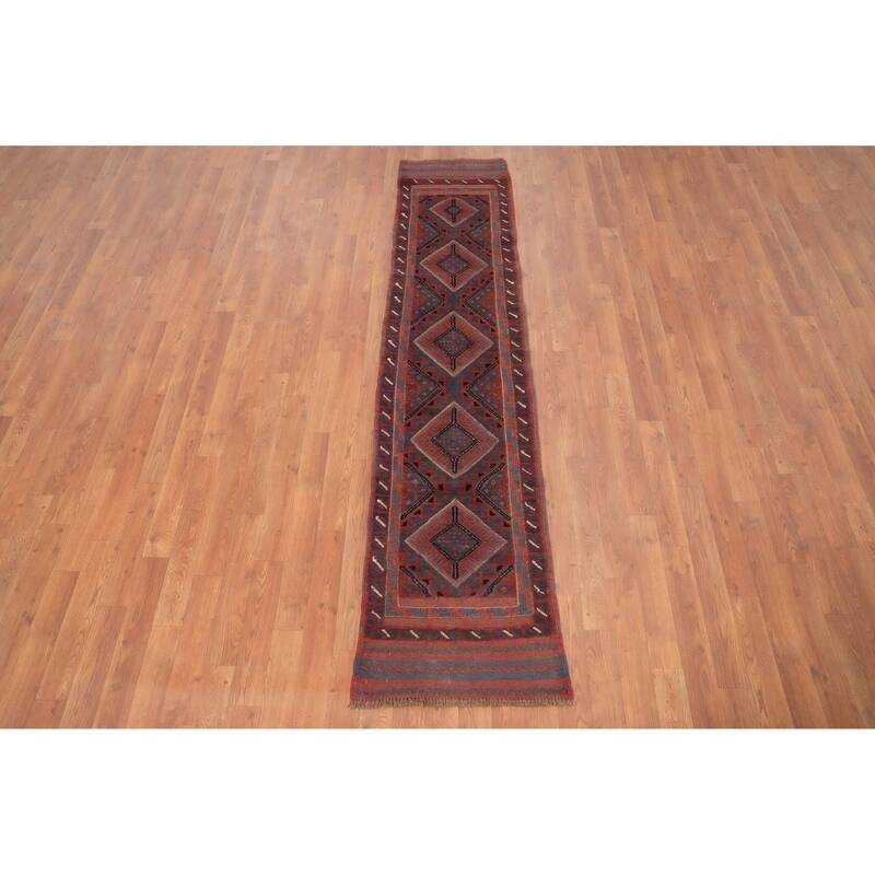 Hand Knotted Oriental 100% Wool Carpet Traditional Tribal Navy Blue & Blues Balouch Runner Rug - 7' 9'' X 1' 9''