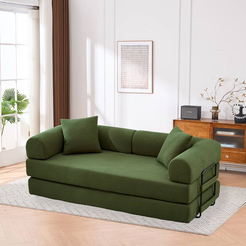 Convertible Sofa Bed, Folding Floor Couch Loveseat with Pillows, Corduroy Multi‑Mode Lounger, Sleeper Mattress - Green