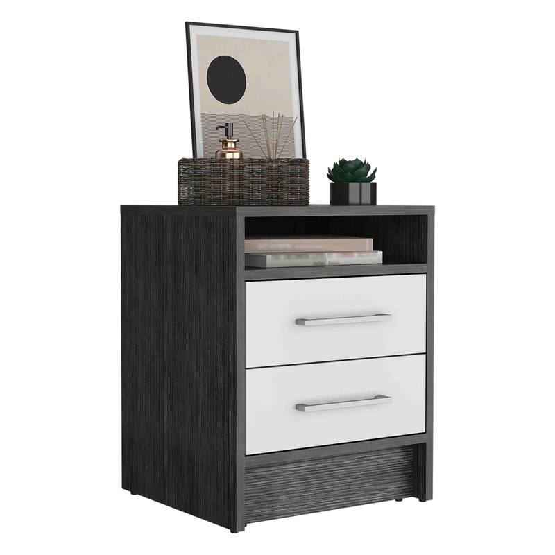 20-inch Nightstand with Two Drawers, Open Shelf, and Metal Handles in Smokey White