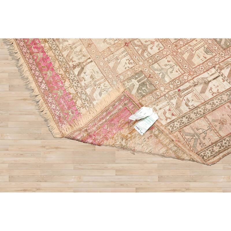 Hand Knotted Beige Authentic Pictorial Soumak Persian Silk Traditional Oriental Area Rug - 6' 8'' x 8' 6''