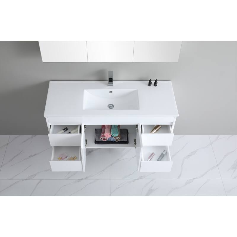 CB HOME 24"/30"/36"/48"/60" Pure White Bathroom Vanity, Floating Wall Mounted Cabinet w/ Integral Ceramic Sink Basin Countertop