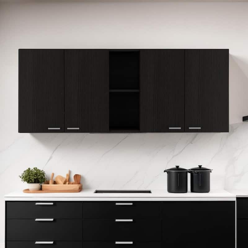HomeRoots 59" Black Wood Wall mounted Accent Cabinet With Five Shelves - Black