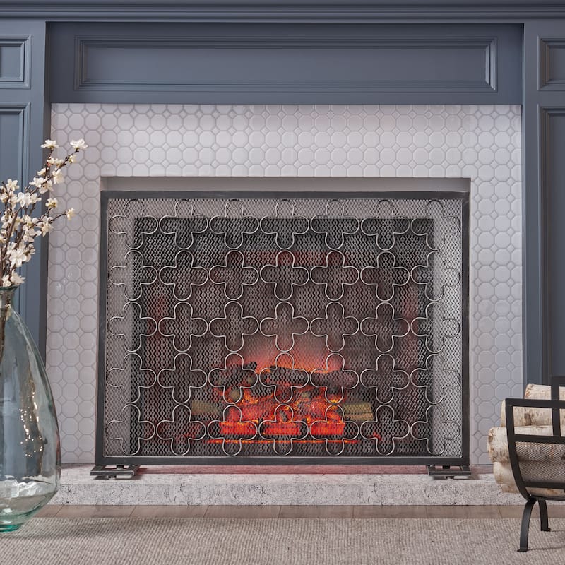 Contemporary Iron Fireplace Screen with Matte Finish - Black