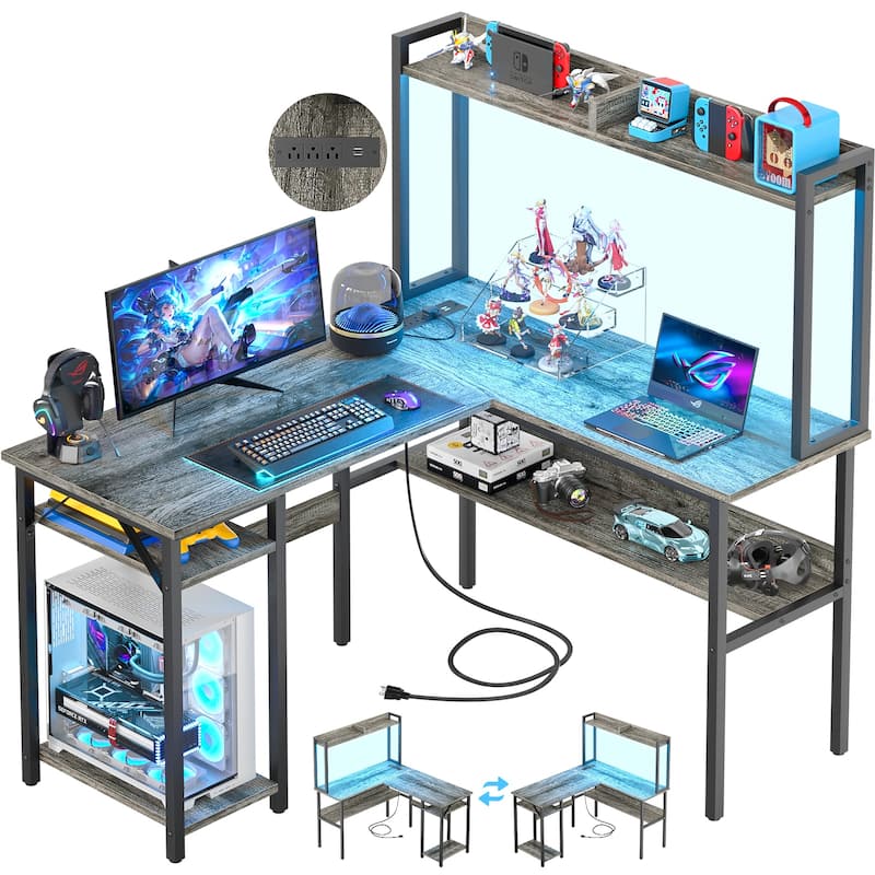 Modern Farmhouse L Shaped Computer Desk with Hutch and Storage Shelves, Corner Gaming Table with LED Lights