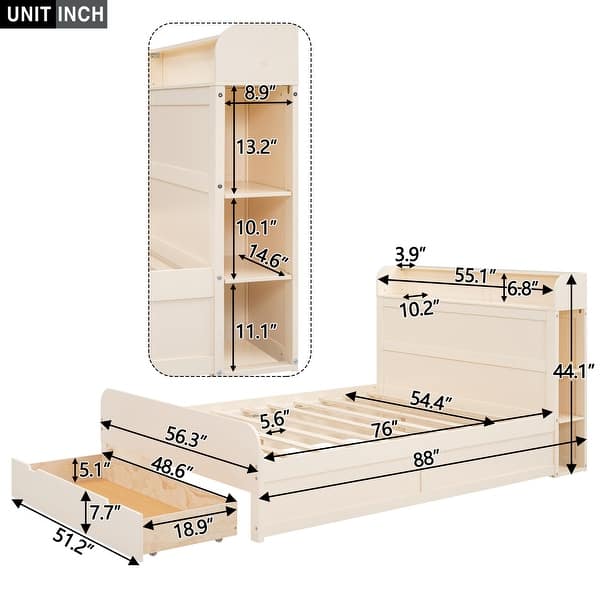 Full Cream Platform Bed with Side Storage Headboard & Drawers