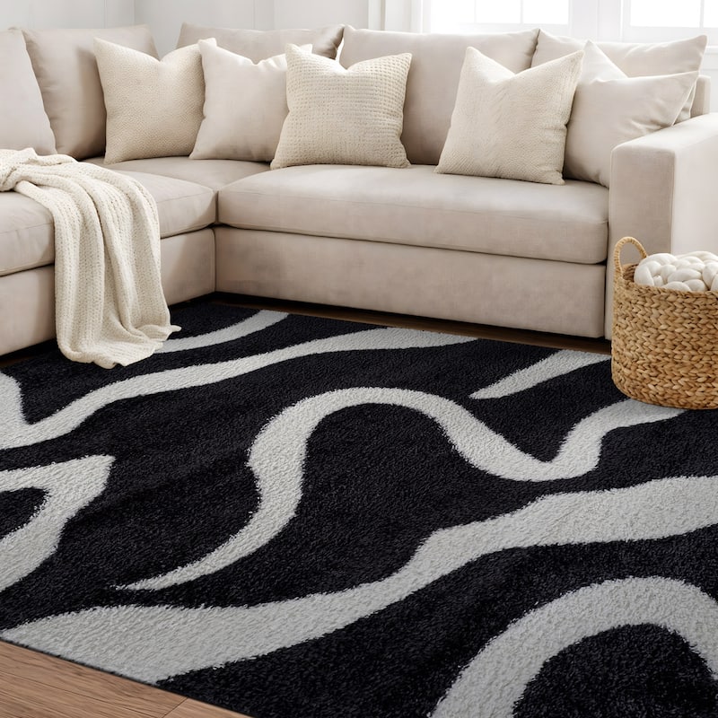 Striped Shag Rug - Durable for Living Room, Bedroom, or Entryway - Anthracite Dark Gray - Easy to Clean