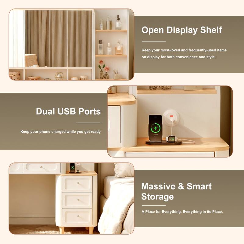 Makeup Vanity Desk with Tri-Fold LED Mirror, USB Charging Ports, 2 Drawers and 3-Drawer Chest