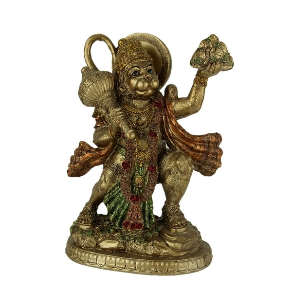 Gold Finish Flying Hanuman Carrying Herb Bearing Mountain Statue - 8.75 X 6.5 X 3.25 inches