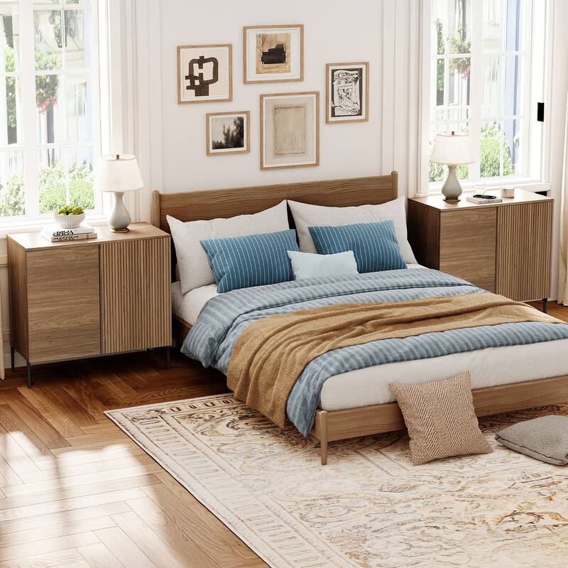 Modern Minimalist Wood Nightstand With Doors ,31.5" End Table,Reeded Design Bedside Table