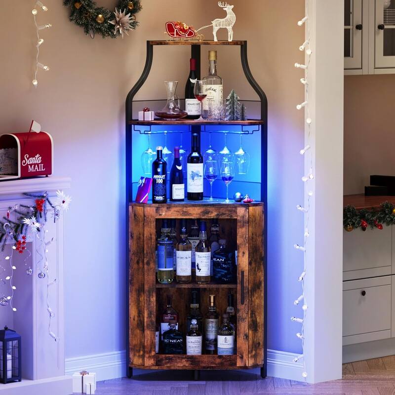 Corner Wine Cabinet with Detachable Wine Rack, 5-Tier Industrial Corner Bar Cabinet - Rustic Brown-LED