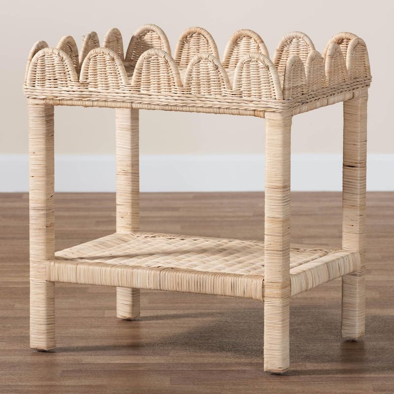 Sumana Bohemian Scallop Natural Rattan and Mahogany Side Table