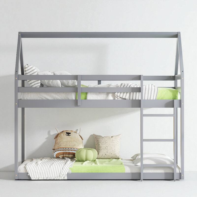 Twin Over Twin Floor Bunk Bed with House Roof Design, Rubber Wood Frame, Ladder and Guardrails for Kids Bedroom - Grey - Twin