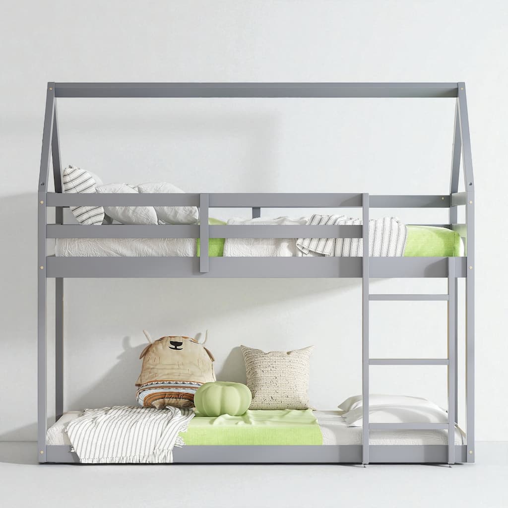Twin Over Twin Floor Bunk Bed with House Roof Design, Rubber Wood Frame, Ladder and Guardrails for Kids Bedroom