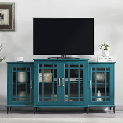 Modern Teal Blue MDF Buffet Cabinet with Tempered Glass, Adjustable Shelves & Cable Management - 8 Metal Legs for Stability.