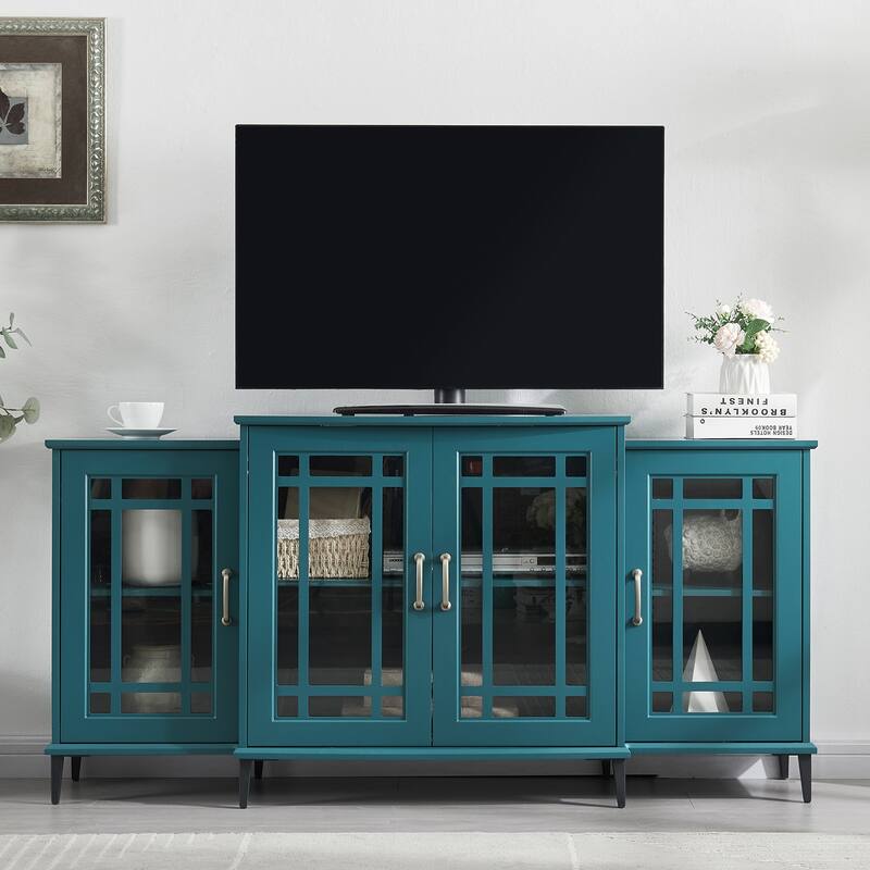 Wooden TV Stand, Sideboard Buffet, Storage Cabinet with 4 Doors - Teal Blue-62" W