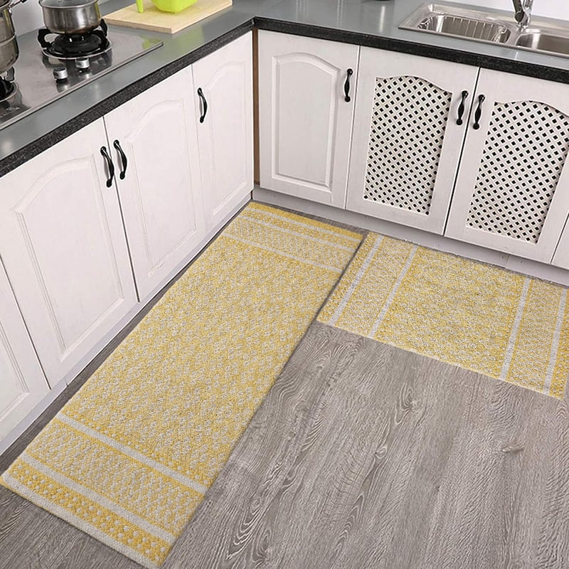 Premium Cotton Woven Anti-Fatigue Cushioned Kitchen Mat Runner Set Working Mat |18x30 | 18x48 Inches Comfort and Style - Mustard