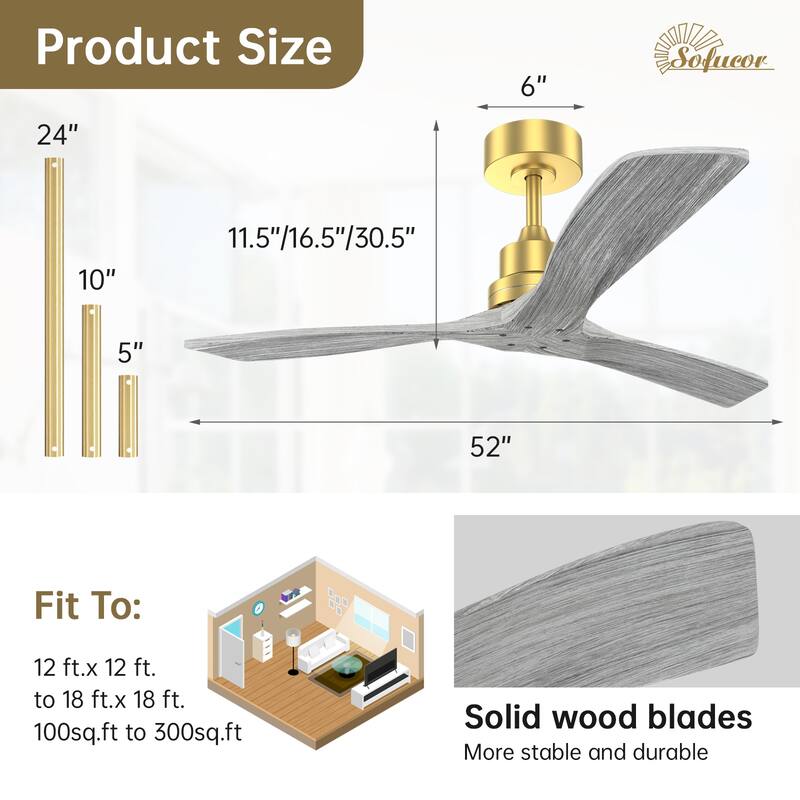Sofucor 48/52 Inch Ceiling Fan with Light, Solid Wood Blades for Living Room, Bedroom,Smart Optional