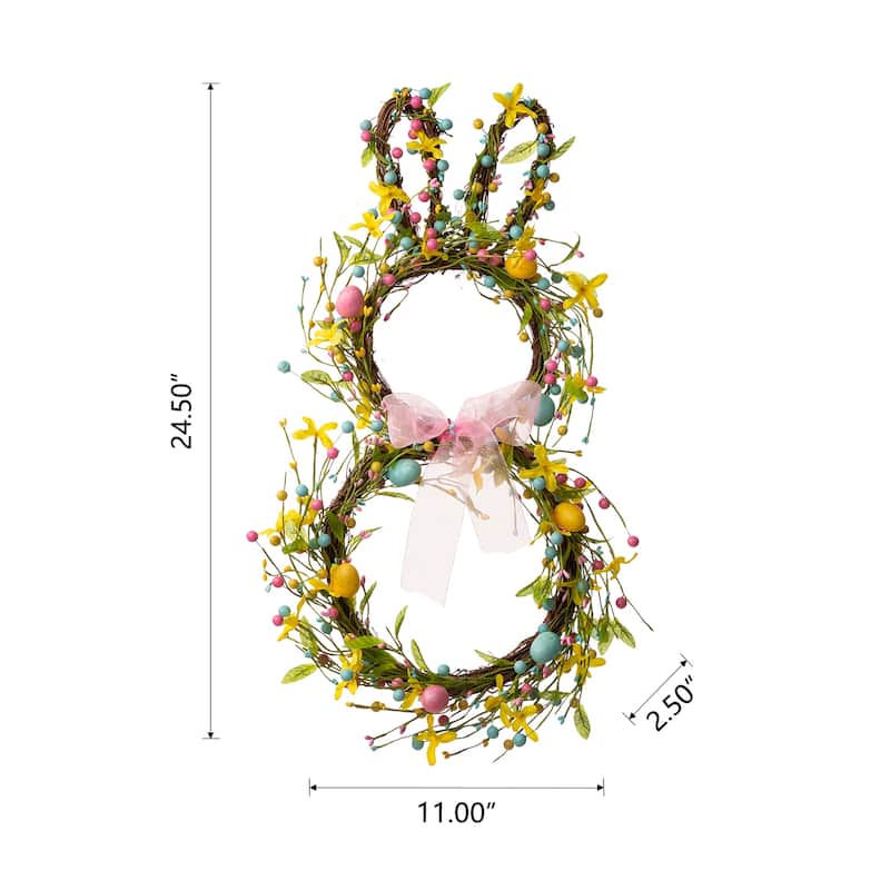 Glitzhome Easter Bunny Shaped Wreath with Eggs Satin Ribbon Bow Basket