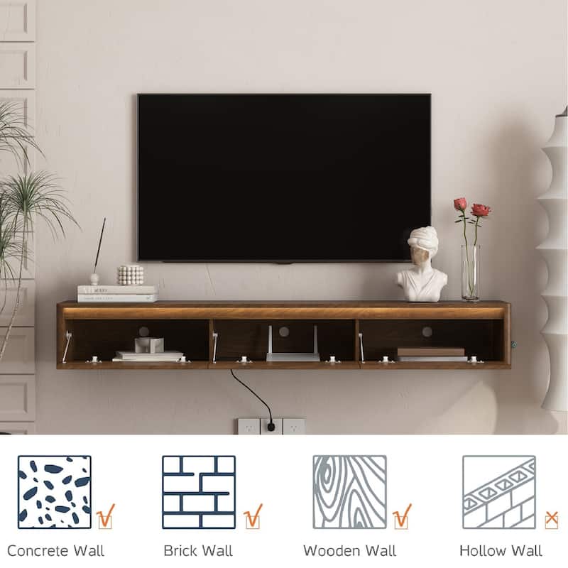 Wall Mounted TV Shelf with LED Lights & Power Outlet, High Gloss TV Cabinet for Wood TV Stands for Living Room