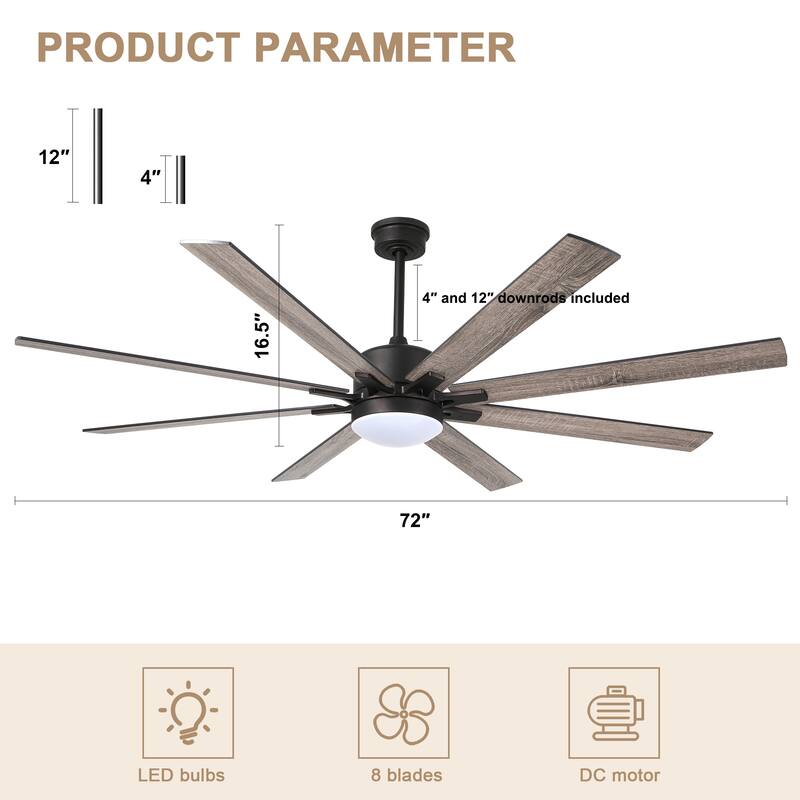 Bella Depot Farmhouse 72" Large Ceiling Fan with Dimmable Light and Remote ,6-speed Reversible Motor
