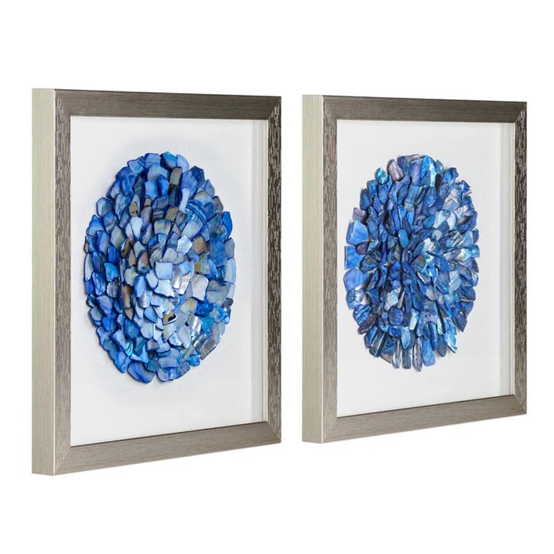 American Art Decor Blue Seashell Mosaic 3D Textured Wall Art with Champagne Frame, 2 Piece Set for Coastal Beach Theme Decor - Blue
