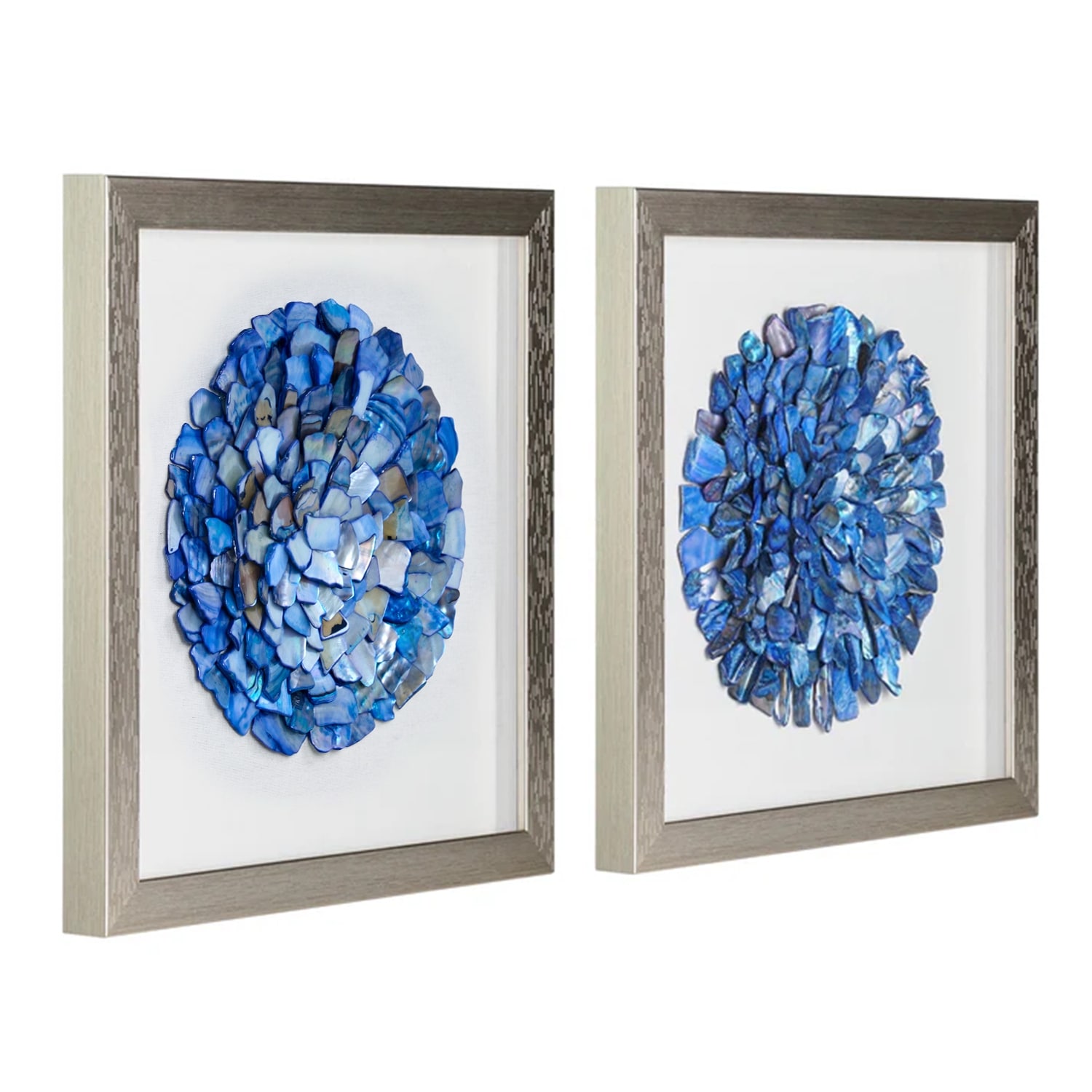 American Art Decor Blue Seashell Mosaic 3D Textured Wall Art with Champagne Frame, 2 Piece Set for Coastal Beach Theme Decor