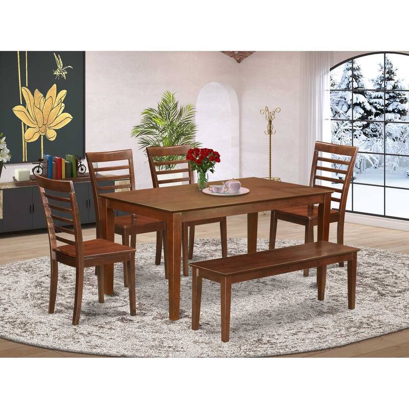 HomeStock 6-Piece Rectangle Mahogany Finish Solid Wood Top Dining Table with 1 Bench, 4 Chairs